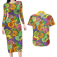 Hawaii Fruits Hippie Style Couples Matching Long Sleeve Bodycon Dress and Hawaiian Shirt Vibrant Colorful