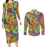 Hawaii Fruits Hippie Style Couples Matching Long Sleeve Bodycon Dress and Long Sleeve Button Shirt Vibrant Colorful LT01 Multicolor - Polynesian Pride