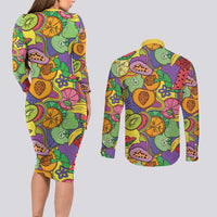 Hawaii Fruits Hippie Style Couples Matching Long Sleeve Bodycon Dress and Long Sleeve Button Shirt Vibrant Colorful LT01 - Polynesian Pride