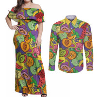 Hawaii Fruits Hippie Style Couples Matching Off Shoulder Maxi Dress and Long Sleeve Button Shirt Vibrant Colorful