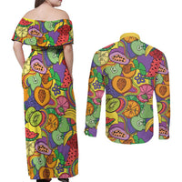 Hawaii Fruits Hippie Style Couples Matching Off Shoulder Maxi Dress and Long Sleeve Button Shirt Vibrant Colorful