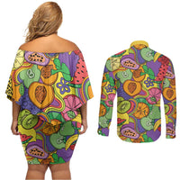 Hawaii Fruits Hippie Style Couples Matching Off Shoulder Short Dress and Long Sleeve Button Shirt Vibrant Colorful LT01 - Polynesian Pride
