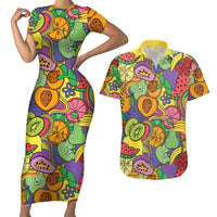Hawaii Fruits Hippie Style Couples Matching Short Sleeve Bodycon Dress and Hawaiian Shirt Vibrant Colorful