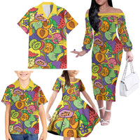 Hawaii Fruits Hippie Style Family Matching Off The Shoulder Long Sleeve Dress and Hawaiian Shirt Vibrant Colorful