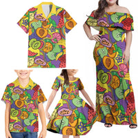 Hawaii Fruits Hippie Style Family Matching Off Shoulder Maxi Dress and Hawaiian Shirt Vibrant Colorful