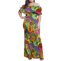 Hawaii Fruits Hippie Style Family Matching Off Shoulder Maxi Dress and Hawaiian Shirt Vibrant Colorful