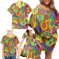 Hawaii Fruits Hippie Style Family Matching Off Shoulder Short Dress and Hawaiian Shirt Vibrant Colorful