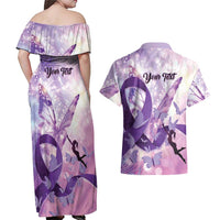 Personalized Polynesian Lupus Awareness Couples Matching Off Shoulder Maxi Dress and Hawaiian Shirt Butterfly Hologram Lupus Warrior LT01 - Polynesian Pride