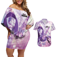Personalized Polynesian Lupus Awareness Couples Matching Off Shoulder Short Dress and Hawaiian Shirt Butterfly Hologram Lupus Warrior LT01 Purple - Polynesian Pride