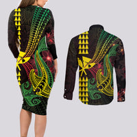 Hawaii Kakau Hammerhead Shark Couples Matching Long Sleeve Bodycon Dress and Long Sleeve Button Shirt Neon Plumeria Pattern