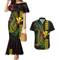 Hawaii Kakau Hammerhead Shark Couples Matching Mermaid Dress and Hawaiian Shirt Neon Plumeria Pattern LT01 Black - Polynesian Pride