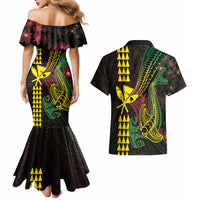 Hawaii Kakau Hammerhead Shark Couples Matching Mermaid Dress and Hawaiian Shirt Neon Plumeria Pattern LT01 - Polynesian Pride
