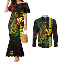 Hawaii Kakau Hammerhead Shark Couples Matching Mermaid Dress and Long Sleeve Button Shirt Neon Plumeria Pattern LT01 Black - Polynesian Pride
