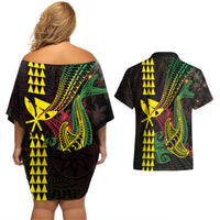Hawaii Kakau Hammerhead Shark Couples Matching Off Shoulder Short Dress and Hawaiian Shirt Neon Plumeria Pattern