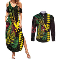 Hawaii Kakau Hammerhead Shark Couples Matching Summer Maxi Dress and Long Sleeve Button Shirt Neon Plumeria Pattern LT01 Black - Polynesian Pride