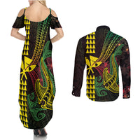 Hawaii Kakau Hammerhead Shark Couples Matching Summer Maxi Dress and Long Sleeve Button Shirt Neon Plumeria Pattern LT01 - Polynesian Pride