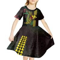 Hawaii Kakau Hammerhead Shark Kid Short Sleeve Dress Neon Plumeria Pattern