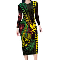 Hawaii Kakau Hammerhead Shark Long Sleeve Bodycon Dress Neon Plumeria Pattern