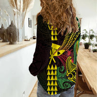 Hawaii Kakau Hammerhead Shark Women Casual Shirt Neon Plumeria Pattern