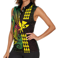 Hawaii Kakau Hammerhead Shark Women Sleeveless Polo Shirt Neon Plumeria Pattern