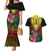 Hawaii Kanaka Maoli Flag Day Couples Matching Mermaid Dress and Hawaiian Shirt Tropical Flowers LT01 Black - Polynesian Pride