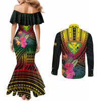 Hawaii Kanaka Maoli Flag Day Couples Matching Mermaid Dress and Long Sleeve Button Shirt Tropical Flowers