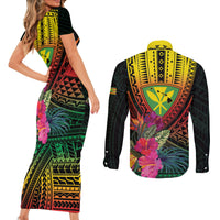 Hawaii Kanaka Maoli Flag Day Couples Matching Short Sleeve Bodycon Dress and Long Sleeve Button Shirt Tropical Flowers