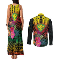 Hawaii Kanaka Maoli Flag Day Couples Matching Tank Maxi Dress and Long Sleeve Button Shirt Tropical Flowers