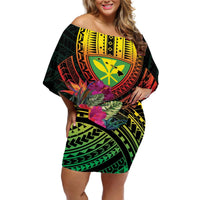 Hawaii Kanaka Maoli Flag Day Off Shoulder Short Dress Tropical Flowers LT01 Women Black - Polynesian Pride