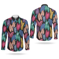 Hawaii Colorful Tropical Leaves Couples Matching Off Shoulder Maxi Dress and Long Sleeve Button Shirt LT01 - Polynesian Pride