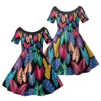 Hawaii Colorful Tropical Leaves Family Matching Off Shoulder Maxi Dress and Hawaiian Shirt