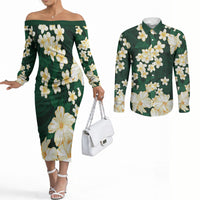 Hawaii Hibiscus Plumeria Green Couples Matching Off The Shoulder Long Sleeve Dress and Long Sleeve Button Shirt Polynesian Pattern
