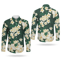 Hawaii Hibiscus Plumeria Green Couples Matching Off The Shoulder Long Sleeve Dress and Long Sleeve Button Shirt Polynesian Pattern