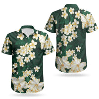 Hawaii Hibiscus Plumeria Green Couples Matching Short Sleeve Bodycon Dress and Hawaiian Shirt Polynesian Pattern