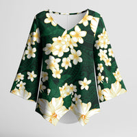 Hawaii Hibiscus Plumeria Green Kimono Sleeve Blouse Polynesian Pattern