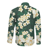 Hawaii Hibiscus Plumeria Green Long Sleeve Button Shirt Polynesian Pattern