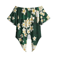 Hawaii Hibiscus Plumeria Green Off Shoulder Wrap Waist Top Polynesian Pattern