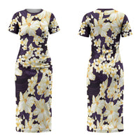 Hawaii Hibiscus Plumeria Purple Family Matching Short Sleeve Bodycon Dress and Hawaiian Shirt Polynesian Pattern