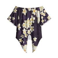 Hawaii Hibiscus Plumeria Purple Off Shoulder Wrap Waist Top Polynesian Pattern
