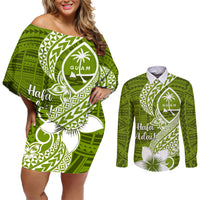 Hafa Adai Guam Couples Matching Off Shoulder Short Dress and Long Sleeve Button Shirt Polynesian Olive Green Blue Pattern LT01 Green - Polynesian Pride