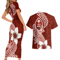 Hafa Adai Guam Couples Matching Short Sleeve Bodycon Dress and Hawaiian Shirt Polynesian Floral Red Pattern LT01 - Polynesian Pride