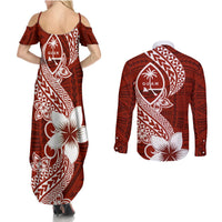 Hafa Adai Guam Couples Matching Summer Maxi Dress and Long Sleeve Button Shirt Polynesian Floral Red Pattern LT01 - Polynesian Pride