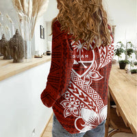 Hafa Adai Guam Women Casual Shirt Polynesian Floral Red Pattern LT01 - Polynesian Pride