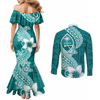 Hafa Adai Guam Couples Matching Mermaid Dress and Long Sleeve Button Shirt Polynesian Floral Teal Pattern LT01 - Polynesian Pride