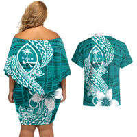 Hafa Adai Guam Couples Matching Off Shoulder Short Dress and Hawaiian Shirt Polynesian Floral Teal Pattern LT01 - Polynesian Pride