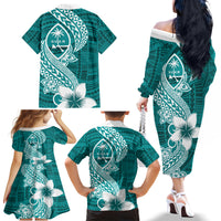 Hafa Adai Guam Family Matching Off Shoulder Long Sleeve Dress and Hawaiian Shirt Polynesian Floral Teal Pattern LT01 - Polynesian Pride