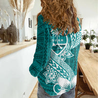 Hafa Adai Guam Women Casual Shirt Polynesian Floral Teal Pattern LT01 - Polynesian Pride