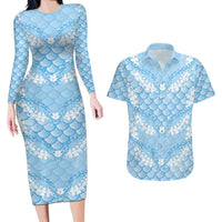 Baby Blue Mermaid Puakenikeni Maile Lei Couples Matching Long Sleeve Bodycon Dress and Hawaiian Shirt