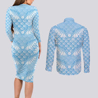 Baby Blue Mermaid Puakenikeni Maile Lei Couples Matching Long Sleeve Bodycon Dress and Long Sleeve Button Shirt