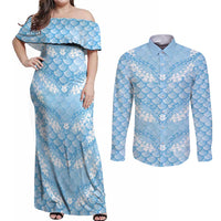 Baby Blue Mermaid Puakenikeni Maile Lei Couples Matching Off Shoulder Maxi Dress and Long Sleeve Button Shirt